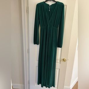 Pleated Green Satin Maxi Dress